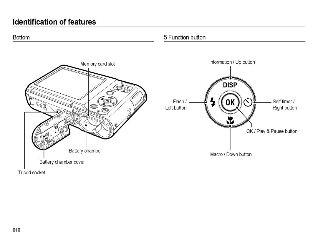 Samsung EC-ES25ZZBASE3 manual Bottom, Function button, Information / Up button Flash, Macro / Down button, Self-timer 