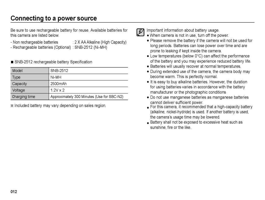 Samsung EC-ES25ZZBABE2, EC-ES25ZZBABE1 manual Connecting to a power source, Rechargeable batteries Optional SNB-2512 Ni-MH 