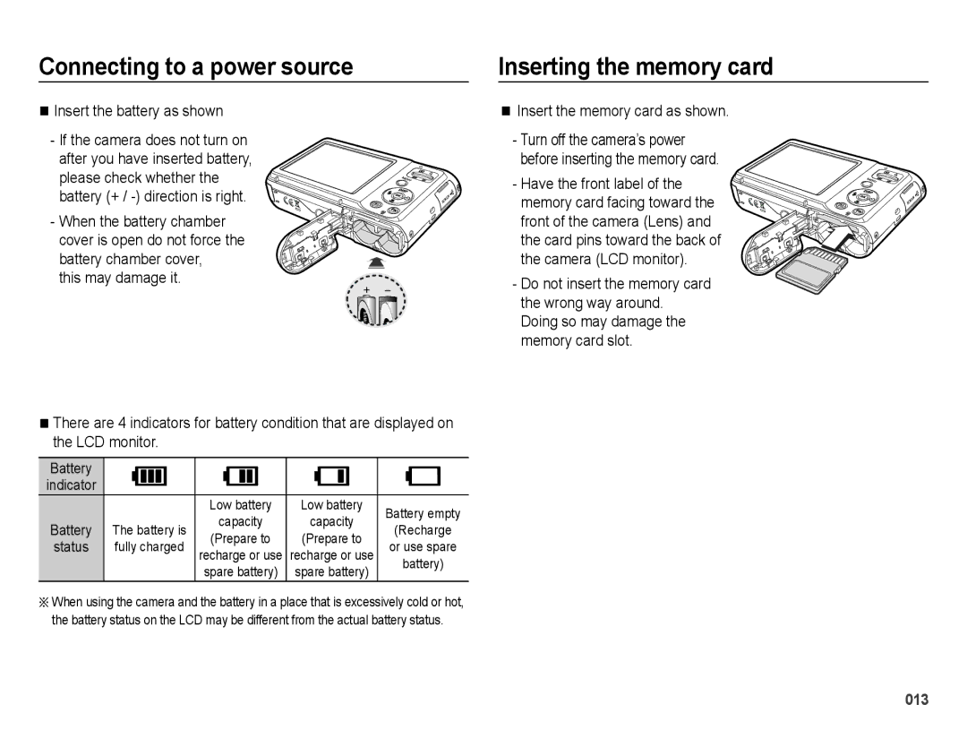 Samsung EC-ES25ZZBARRU Inserting the memory card, Insert the battery as shown, Insert the memory card as shown, Battery 