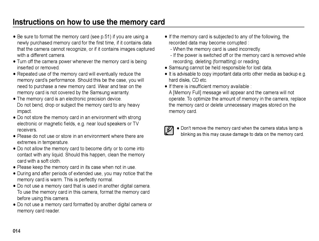 Samsung EC-ES25ZZBASRU manual Instructions on how to use the memory card, When the memory card is used incorrectly 