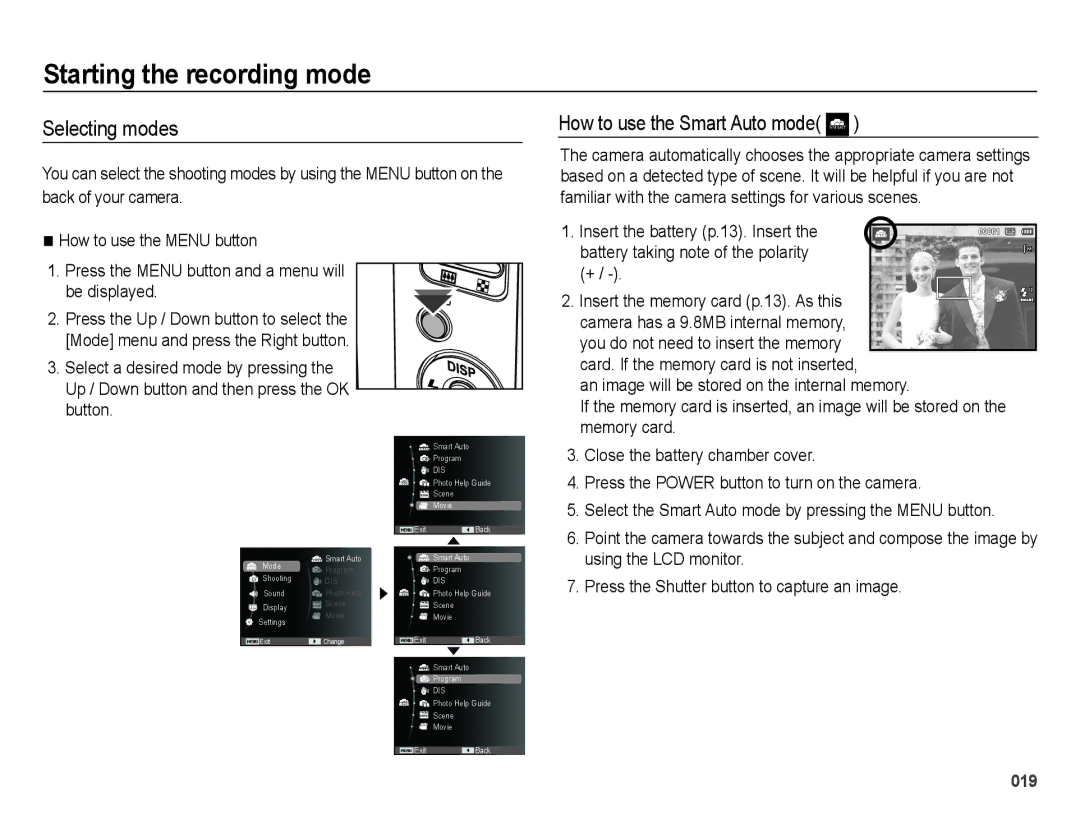 Samsung EC-ES25ZZBALIL, EC-ES25ZZBABE1 manual Starting the recording mode, Selecting modes, How to use the Smart Auto mode 