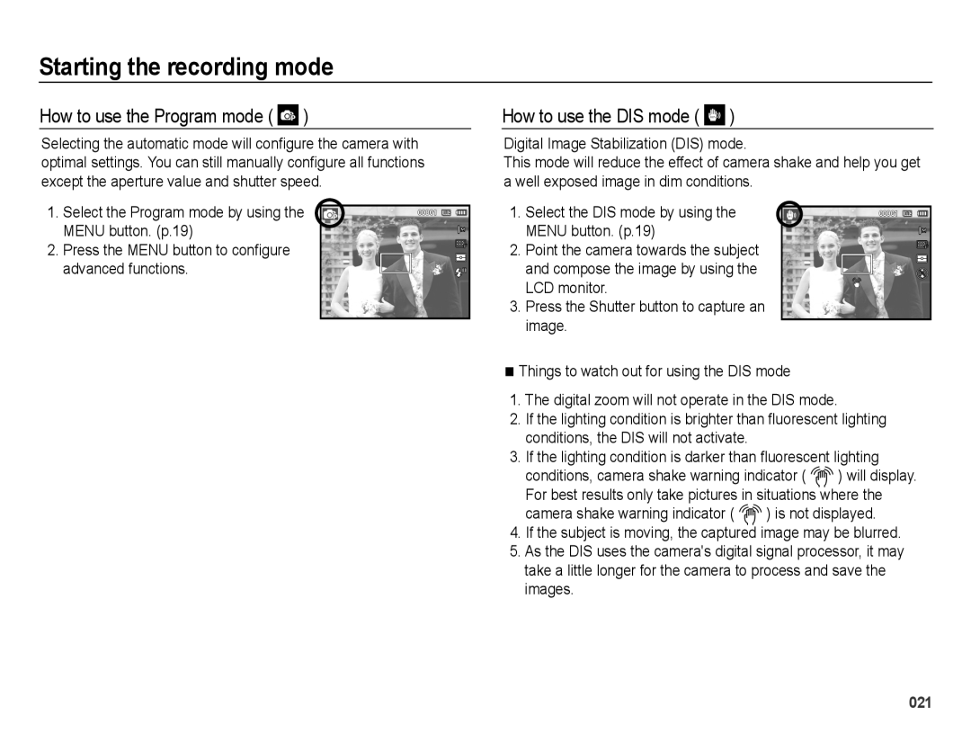 Samsung EC-ES25ZZBABAU, EC-ES25ZZBABE1, EC-ES25ZZBASGB, EC-ES27ZZBABE1 How to use the Program mode, How to use the DIS mode 