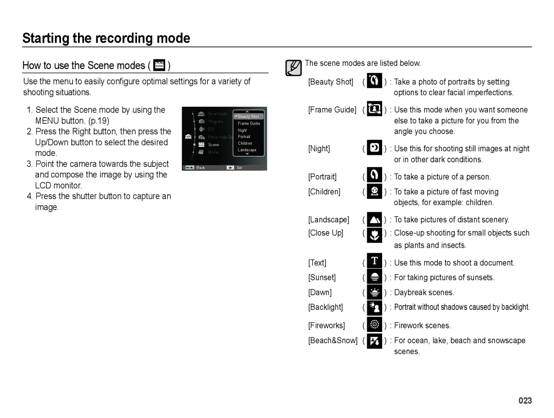 Samsung EC-ES25ZZBASIL, EC-ES25ZZBABE1, EC-ES25ZZBASGB, EC-ES27ZZBABE1, EC-ES25ZZBABGB manual How to use the Scene modes 