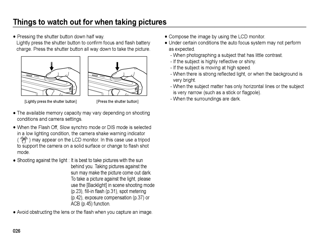 Samsung EC-ES27ZZBABE1 manual Things to watch out for when taking pictures, Pressing the shutter button down half way 