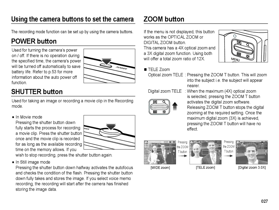 Samsung EC-ES25ZZBABGB manual Using the camera buttons to set the camera Zoom button, Power button, Shutter button 