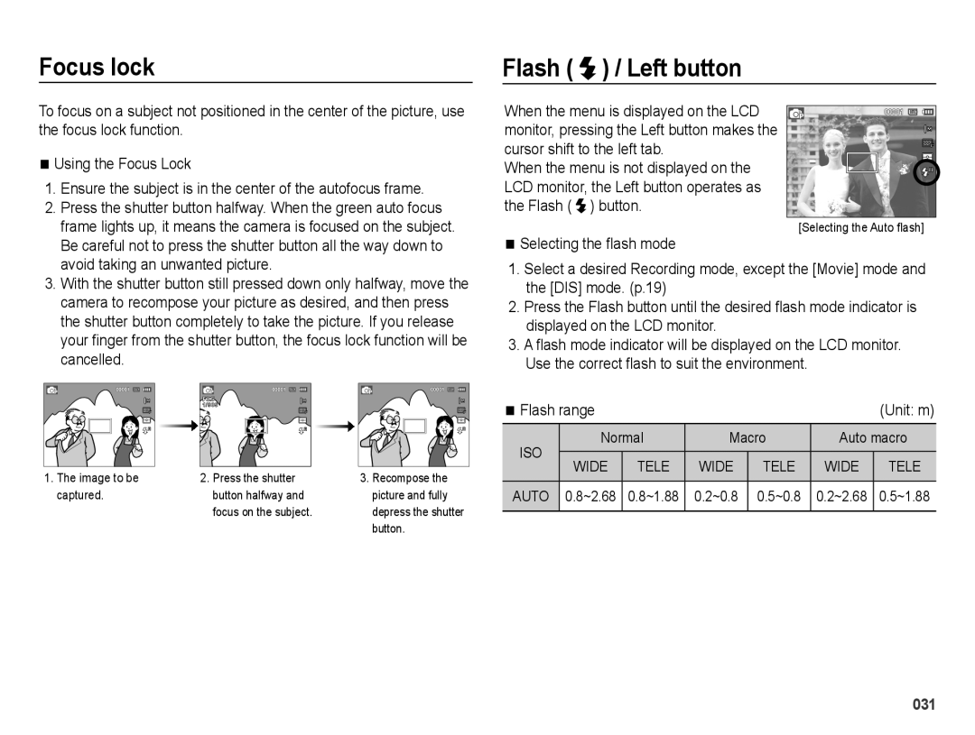 Samsung EC-ES25ZZBABVN, EC-ES25ZZBABE1 manual Focus lock, Flash / Left button, Flash range, Normal Macro Auto macro, ~0.8 