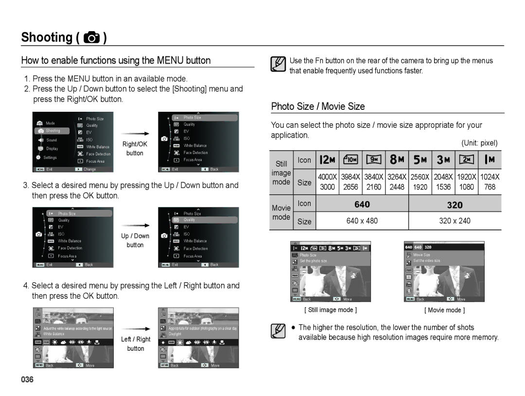 Samsung EC-ES25ZZBASE2, EC-ES25ZZBABE1 manual How to enable functions using the Menu button, Photo Size / Movie Size 