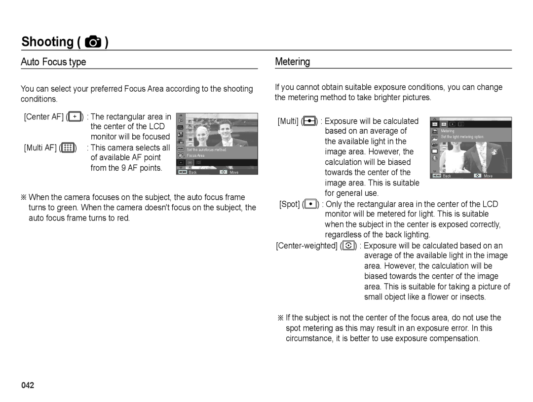 Samsung EC-ES25ZZBARE2, EC-ES25ZZBABE1, EC-ES25ZZBASGB, EC-ES27ZZBABE1, EC-ES25ZZBABGB manual Auto Focus type, Metering 