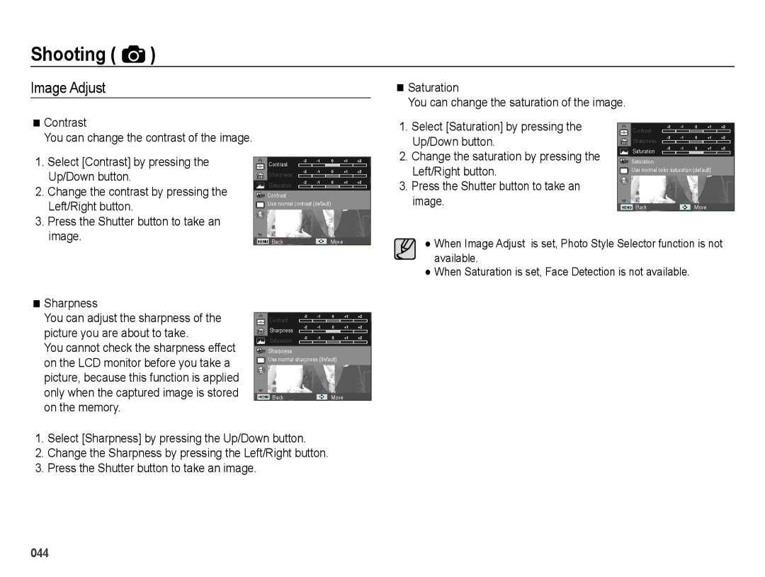 Samsung EC-ES25ZZBALIL, EC-ES25ZZBABE1, EC-ES25ZZBASGB manual Image Adjust, Up/Down button, Left/Right button, Sharpness 