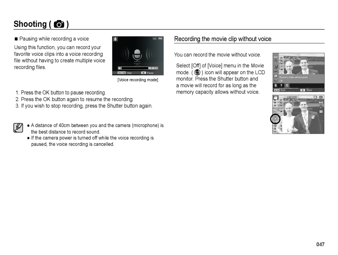 Samsung EC-ES25ZZBABIL, EC-ES25ZZBABE1 manual Recording the movie clip without voice, Pausing while recording a voice 