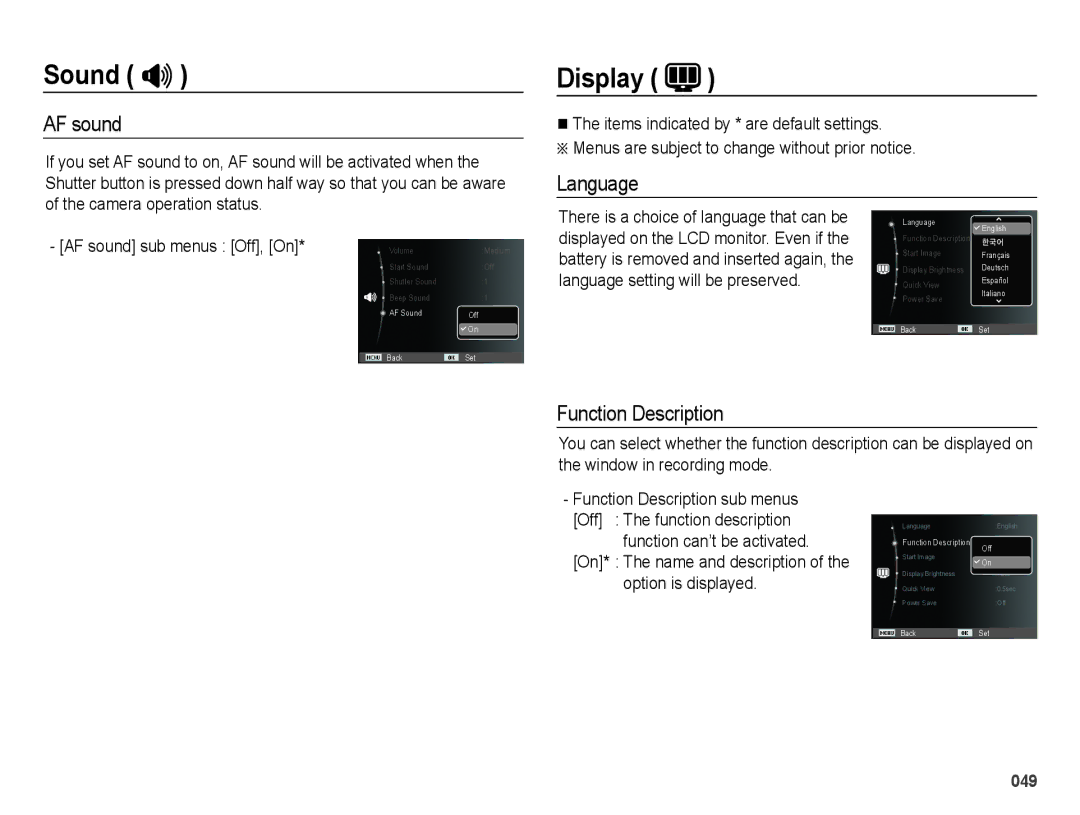 Samsung EC-ES25ZZBABE1, EC-ES25ZZBASGB, EC-ES27ZZBABE1, EC-ES25ZZBABGB Display, AF sound, Language, Function Description 