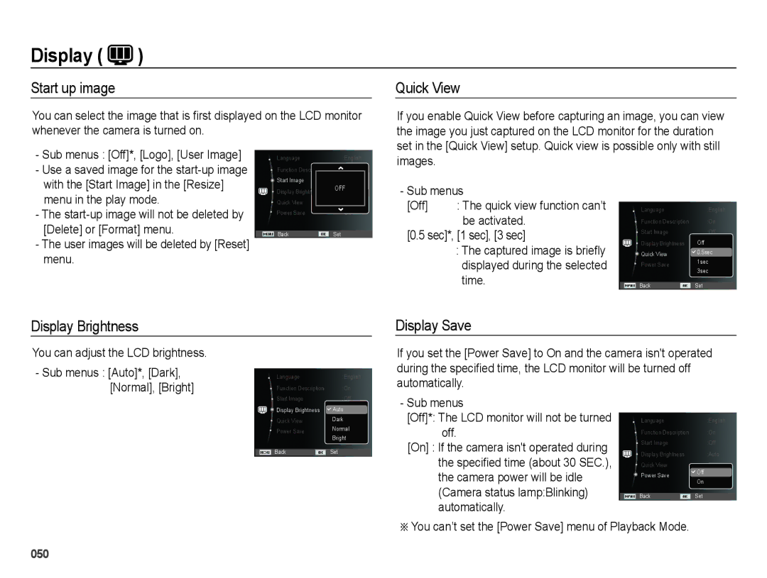 Samsung EC-ES25ZZBASGB, EC-ES25ZZBABE1, EC-ES27ZZBABE1 manual Start up image, Quick View, Display Brightness Display Save 