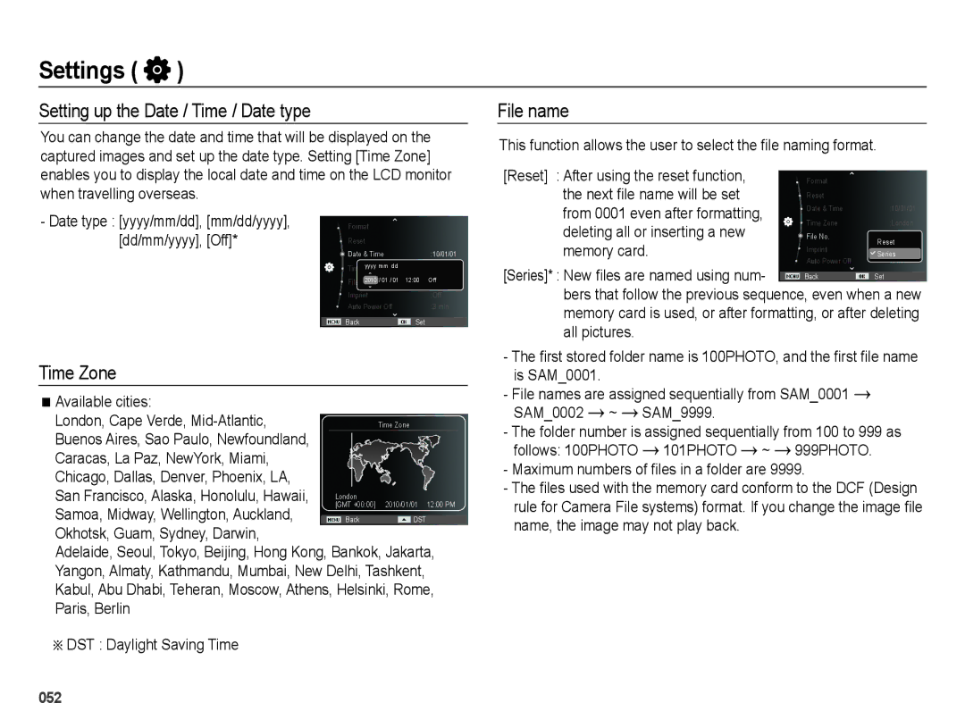 Samsung EC-ES25ZZBABGB, EC-ES25ZZBABE1, EC-ES25ZZBASGB manual Setting up the Date / Time / Date type, File name, Time Zone 