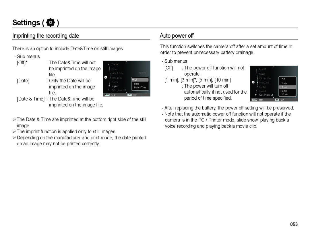 Samsung EC-ES25ZZBASVN, EC-ES25ZZBABE1, EC-ES25ZZBASGB, EC-ES27ZZBABE1 manual Imprinting the recording date, Auto power off 