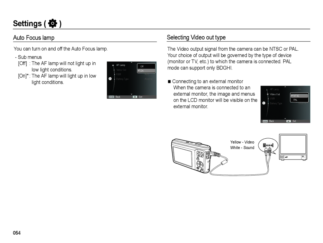 Samsung EC-ES25ZZBDBVN Auto Focus lamp Selecting Video out type, On* The AF lamp will light up in low light conditions 