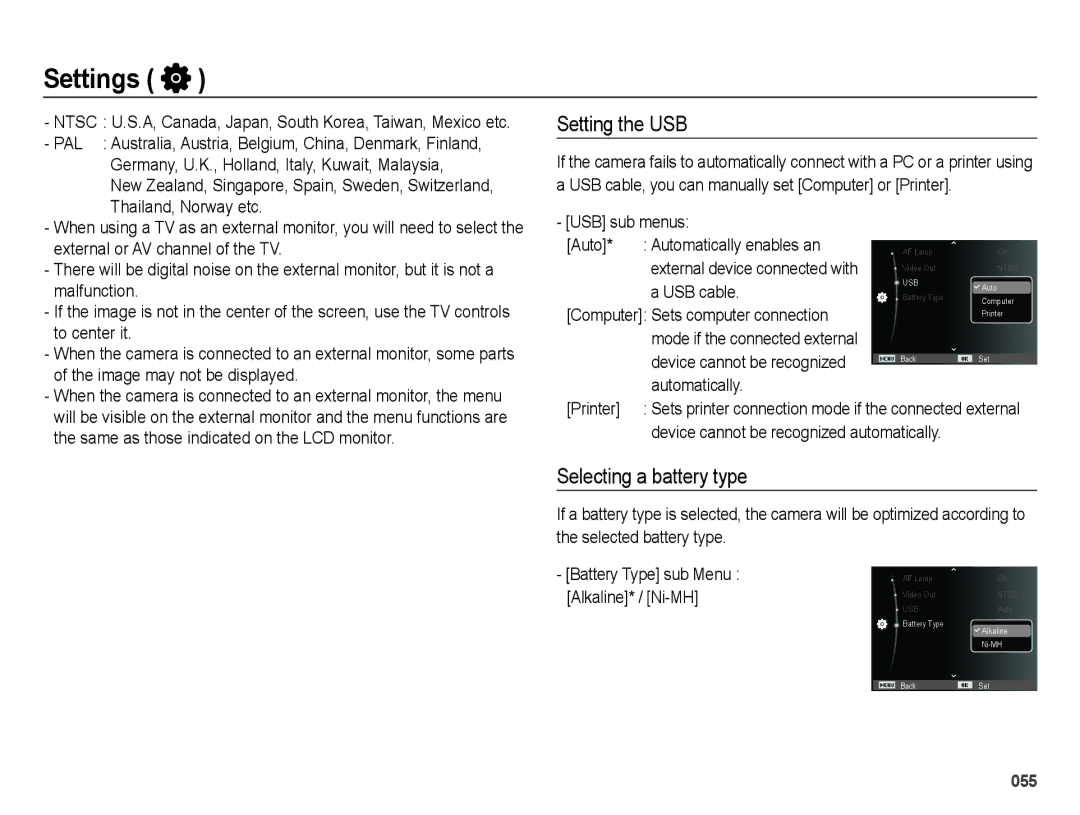 Samsung EC-ES25ZZBDSVN manual Setting the USB, Selecting a battery type, Device cannot be recognized automatically 