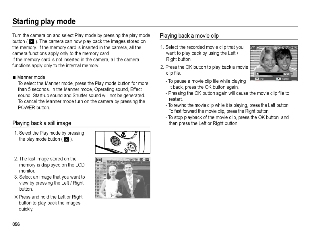 Samsung EC-ES25ZZBABVN manual Starting play mode, Playing back a still image, Playing back a movie clip, Manner mode 