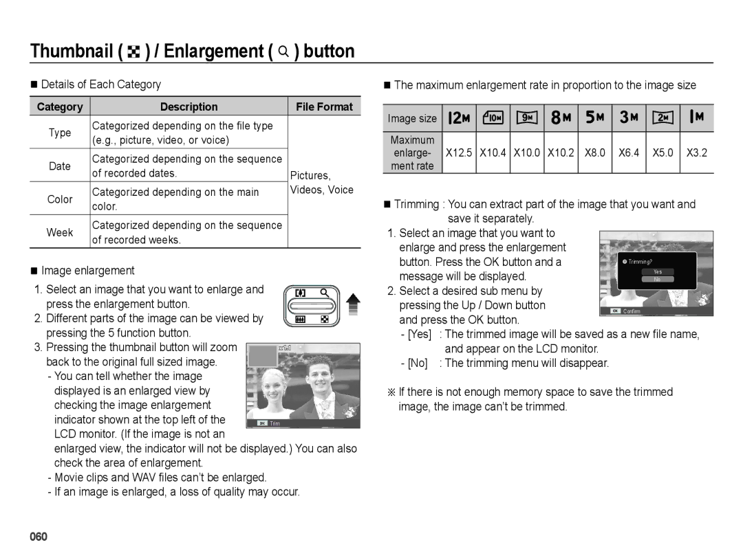 Samsung EC-ES25ZZBASE3, EC-ES25ZZBABE1 Details of Each Category, Image enlargement, Button. Press the OK button and a, Yes 