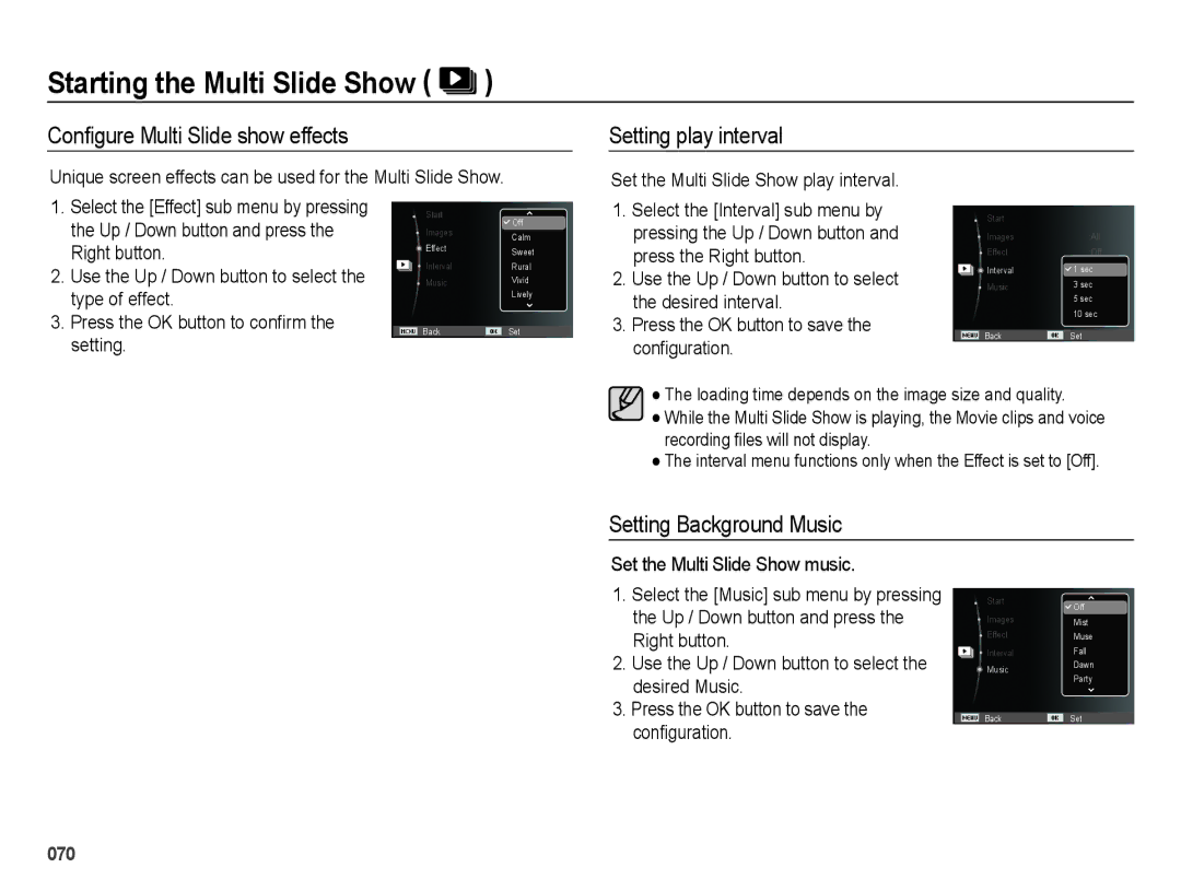 Samsung EC-ES25ZZBARIL, EC-ES25ZZBABE1 Conﬁgure Multi Slide show effects, Setting play interval, Setting Background Music 