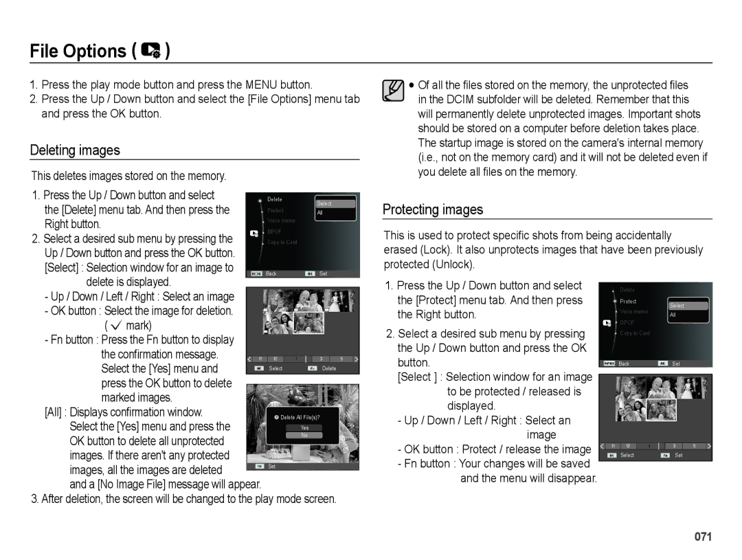 Samsung EC-ES25ZZBABAU, EC-ES25ZZBABE1, EC-ES25ZZBASGB, EC-ES27ZZBABE1 manual File Options, Deleting images, Protecting images 