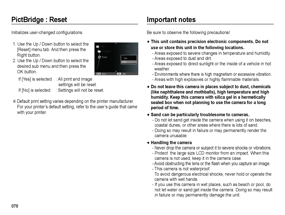 Samsung EC-ES25ZZBASVN, EC-ES25ZZBABE1, EC-ES25ZZBASGB manual PictBridge Reset, Important notes, Handling the camera 