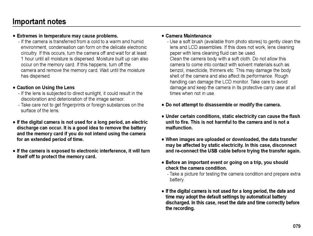 Samsung EC-ES25ZZBDBVN, EC-ES25ZZBABE1, EC-ES25ZZBASGB, EC-ES27ZZBABE1 manual Extremes in temperature may cause problems, 079 