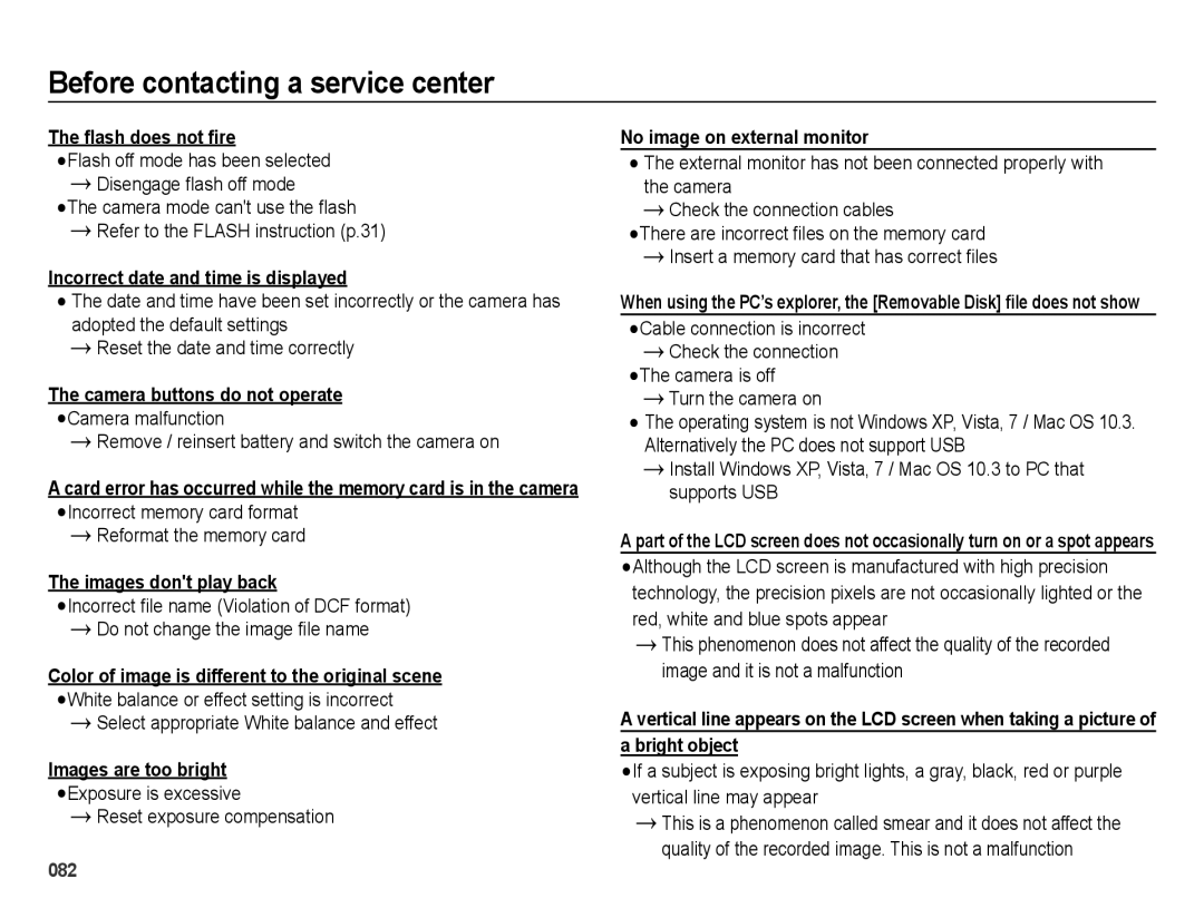 Samsung EC-ES25ZZBABE3 manual Flash does not fire, Incorrect date and time is displayed, Camera buttons do not operate 