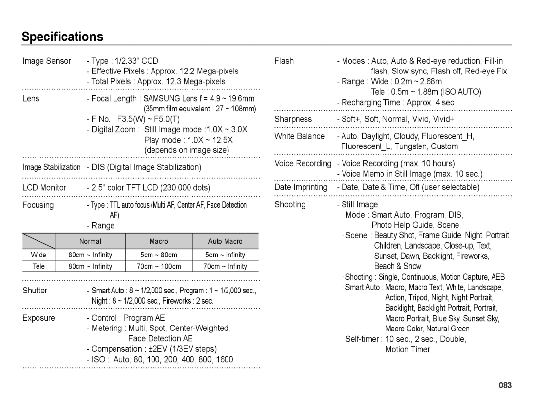 Samsung EC-ES25ZZBARE3, EC-ES25ZZBABE1, EC-ES25ZZBASGB, EC-ES27ZZBABE1, EC-ES25ZZBABGB, EC-ES25ZZBASVN manual Speciﬁcations 