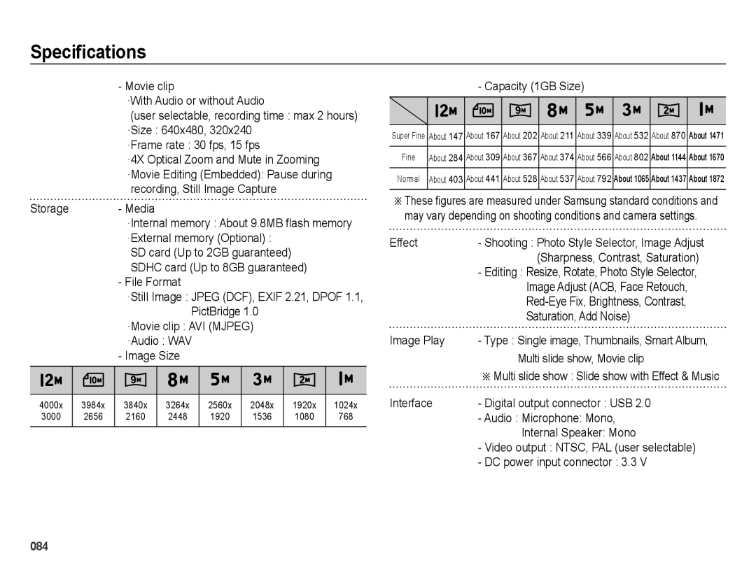 Samsung EC-ES25ZZBALE3, EC-ES25ZZBABE1, EC-ES25ZZBASGB, EC-ES27ZZBABE1, EC-ES25ZZBABGB, EC-ES25ZZBASVN manual Specifications 