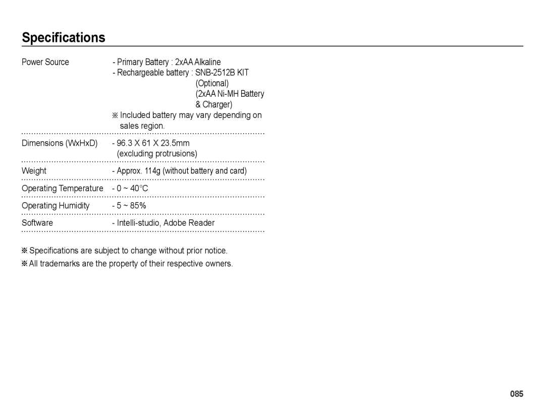 Samsung EC-ES25ZZBASE3, EC-ES25ZZBABE1 Power Source Primary Battery 2xAA Alkaline, Optional, Charger, Sales region, ~ 40C 