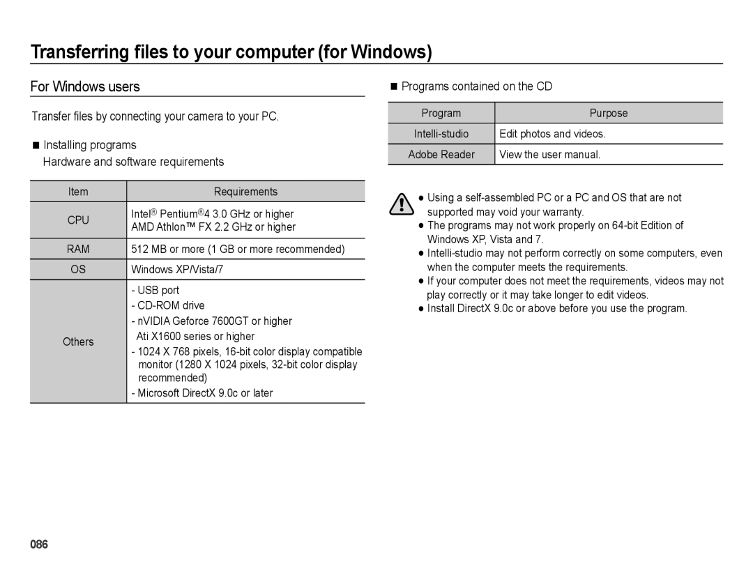 Samsung EC-ES25ZZBASE2 Transferring ﬁles to your computer for Windows, For Windows users, Programs contained on the CD 