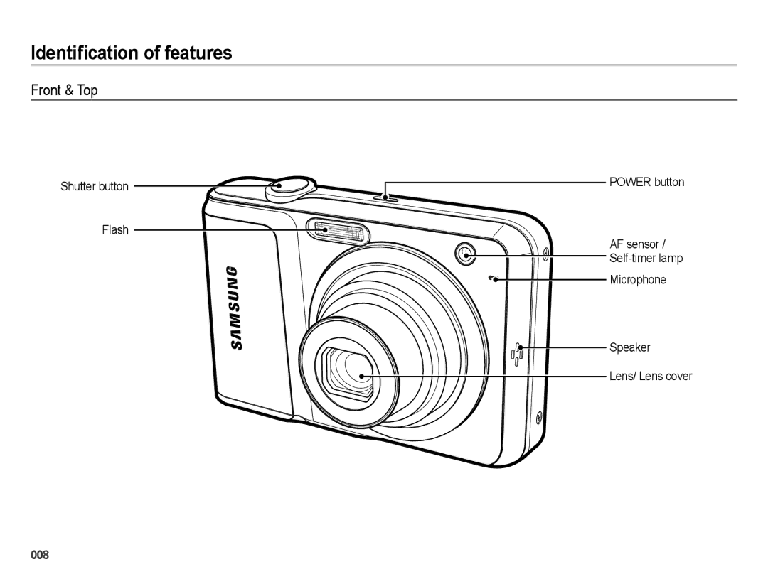 Samsung EC-ES25ZZBARE3, EC-ES25ZZBABE1 manual Identiﬁcation of features, Front & Top, Shutter button Flash Power button 