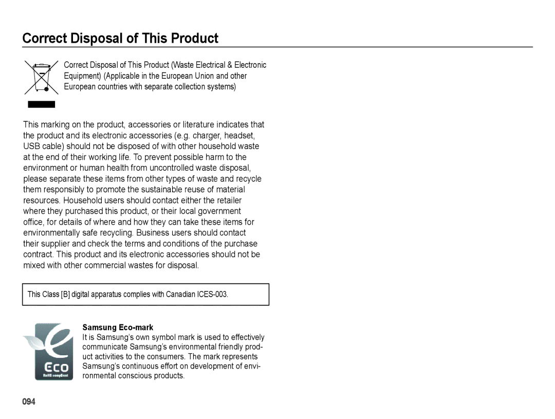 Samsung EC-ES25ZZBALIL, EC-ES25ZZBABE1, EC-ES25ZZBASGB, EC-ES27ZZBABE1 Correct Disposal of This Product, Samsung Eco-mark 