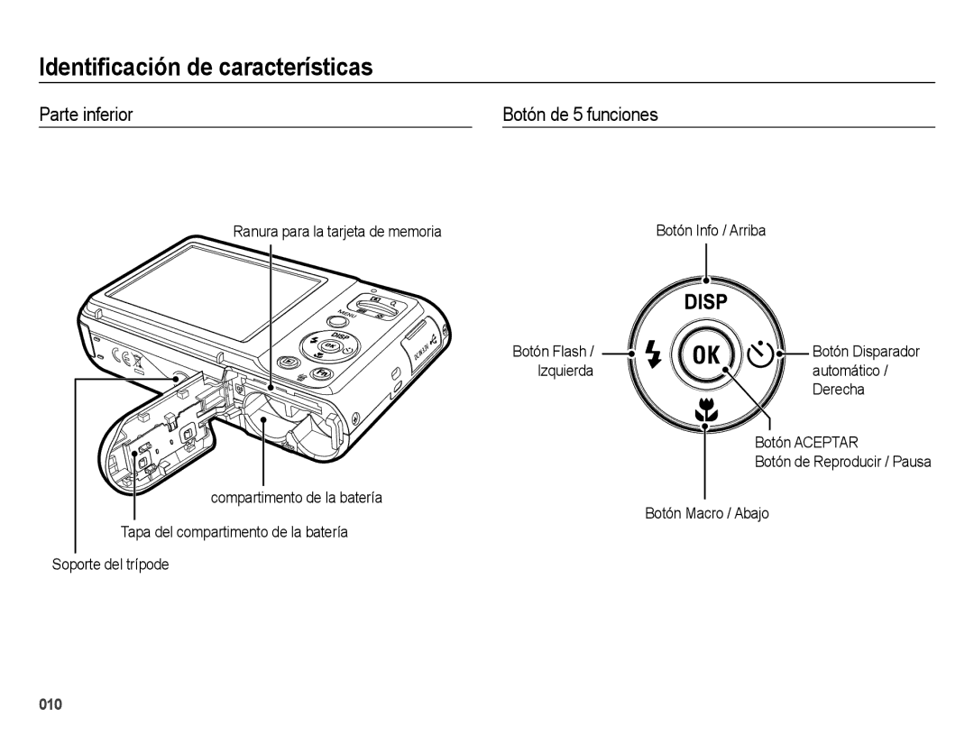 Samsung EC-ES25ZZBABE1 manual Parte inferior Botón de 5 funciones, Ranura para la tarjeta de memoria, Botón Disparador 