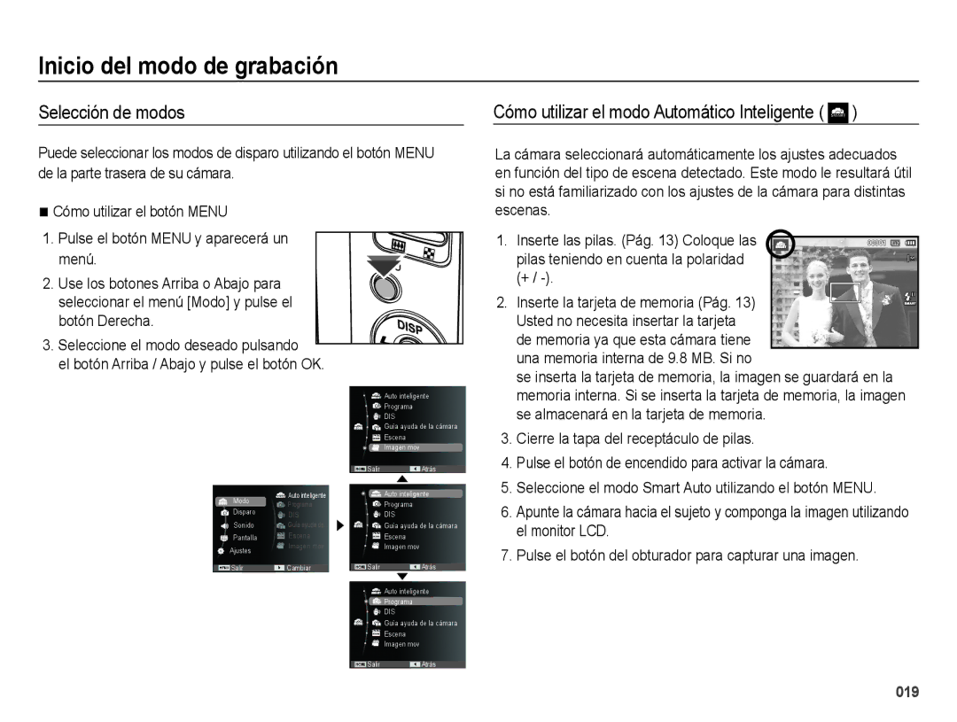 Samsung EC-ES25ZZBABE1 Inicio del modo de grabación, Selección de modos, Cómo utilizar el modo Automático Inteligente 