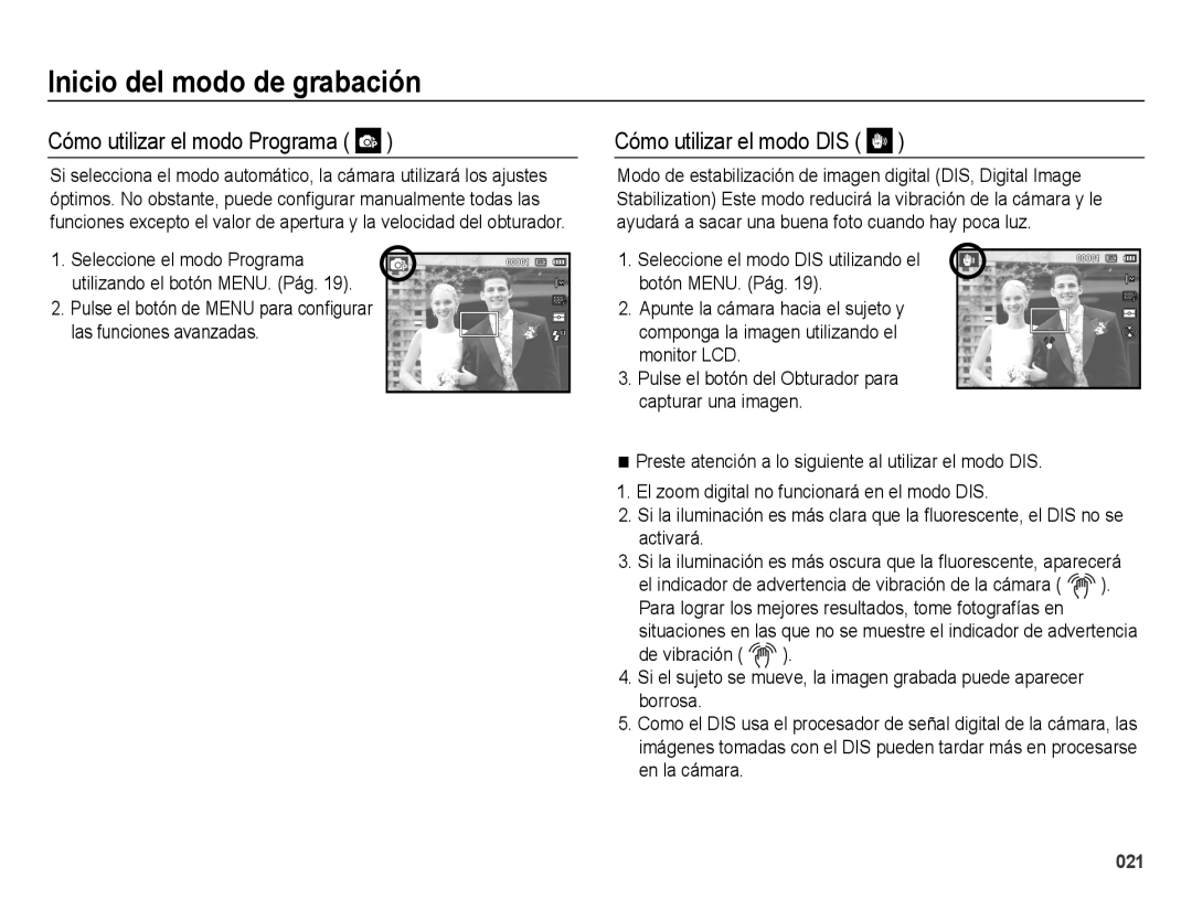 Samsung EC-ES25ZZBABE1 manual Cómo utilizar el modo Programa, Cómo utilizar el modo DIS 