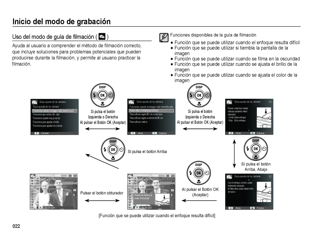 Samsung EC-ES25ZZBABE1 manual Uso del modo de guía de ¿lmación, Si pulsa el botón Arriba Izquierda o Derecha 