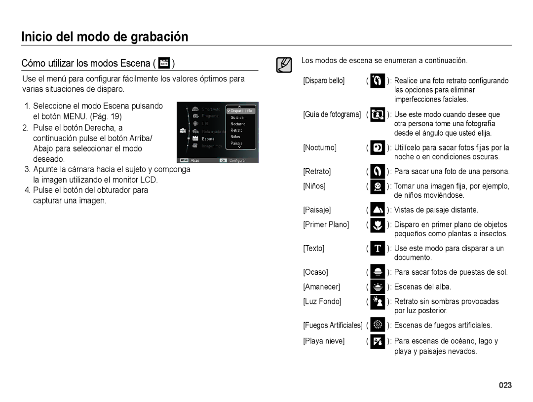 Samsung EC-ES25ZZBABE1 manual Cómo utilizar los modos Escena 