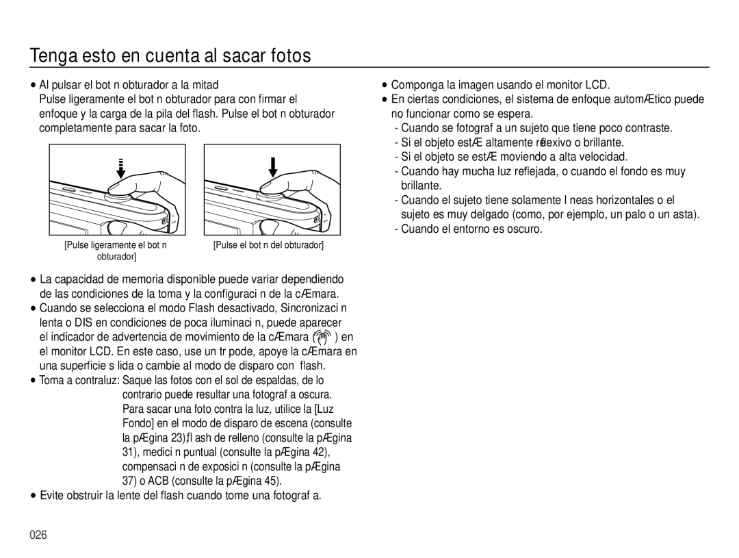 Samsung EC-ES25ZZBABE1 manual Tenga esto en cuenta al sacar fotos 