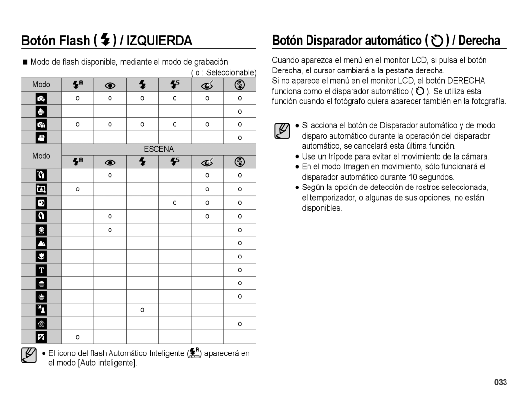 Samsung EC-ES25ZZBABE1 manual Botón Disparador automático / Derecha, Modo de Àash disponible, mediante el modo de grabación 