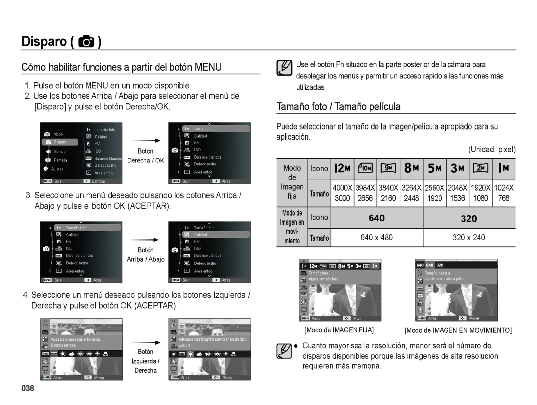 Samsung EC-ES25ZZBABE1 manual Cómo habilitar funciones a partir del botón Menu, Tamaño foto / Tamaño película, Unidad pixel 