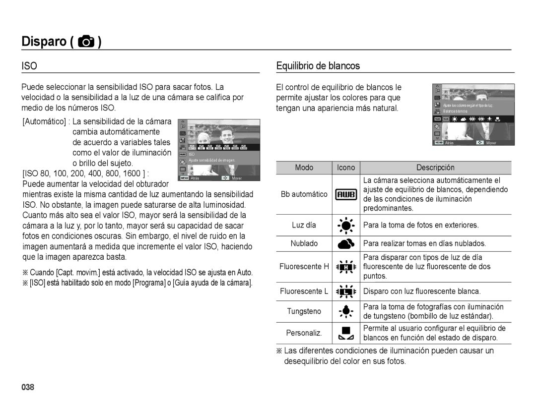 Samsung EC-ES25ZZBABE1 manual Equilibrio de blancos, Cambia automáticamente De acuerdo a variables tales, Brillo del sujeto 