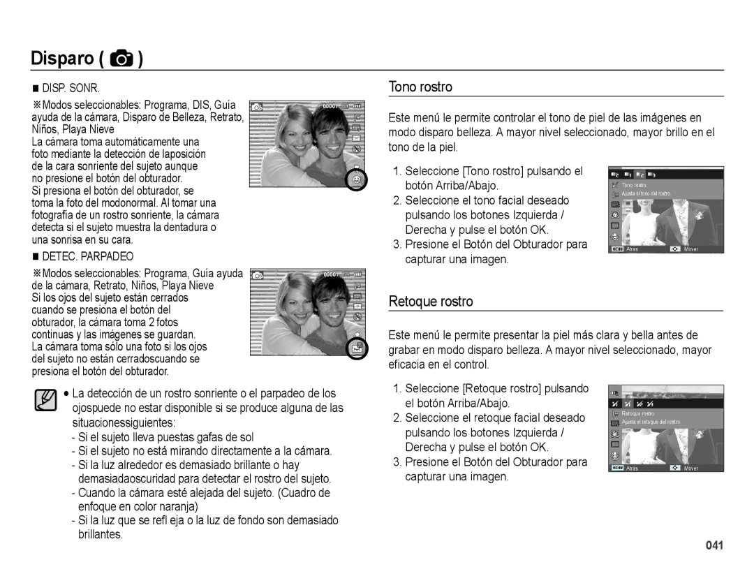 Samsung EC-ES25ZZBABE1 manual Tono rostro, Retoque rostro 