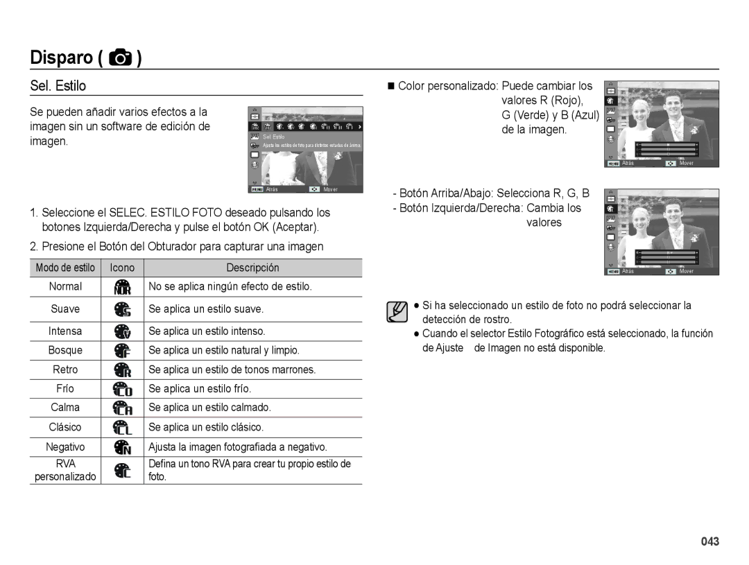 Samsung EC-ES25ZZBABE1 manual Sel. Estilo, Imagen, Presione el Botón del Obturador para capturar una imagen 