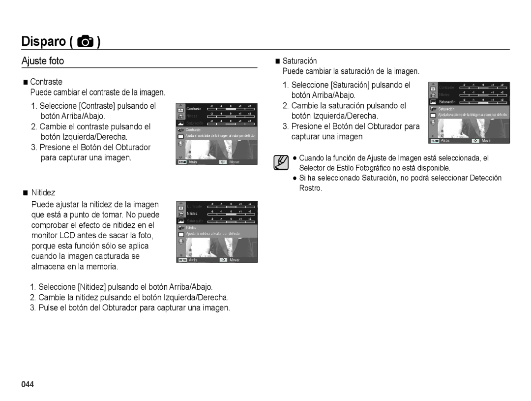 Samsung EC-ES25ZZBABE1 manual Ajuste foto, Botón Arriba/Abajo, Botón Izquierda/Derecha, Nitidez 