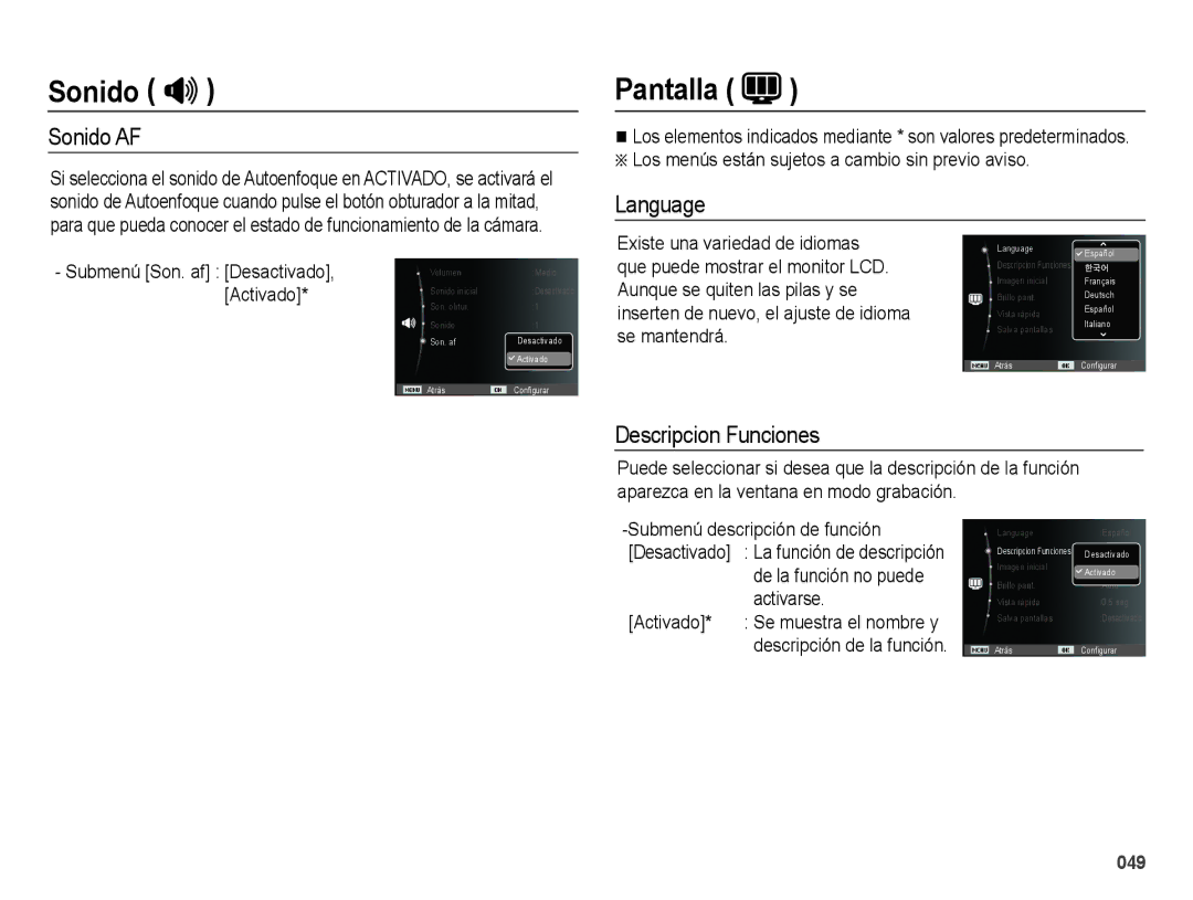 Samsung EC-ES25ZZBABE1 manual Pantalla, Sonido AF, Language, Descripcion Funciones, De la función no puede activarse 