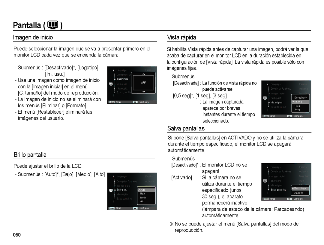 Samsung EC-ES25ZZBABE1 manual Imagen de inicio, Vista rápida, Salva pantallas Brillo pantalla 