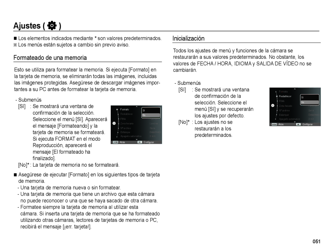 Samsung EC-ES25ZZBABE1 manual Ajustes, Formateado de una memoria, Inicialización, Mensaje El formateado ha ¿nalizado 