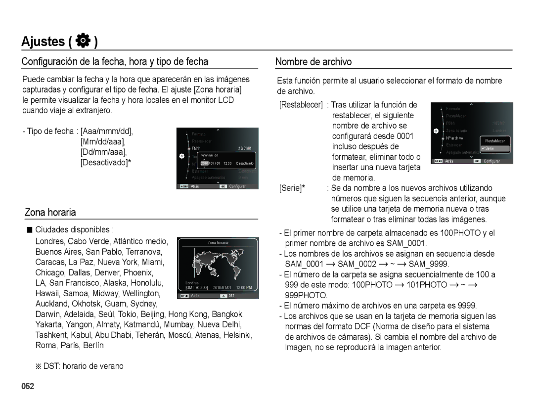 Samsung EC-ES25ZZBABE1 manual Con¿guración de la fecha, hora y tipo de fecha, Zona horaria, Nombre de archivo 