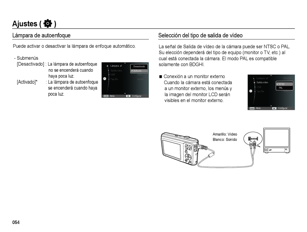 Samsung EC-ES25ZZBABE1 manual Lámpara de autoenfoque, Selección del tipo de salida de vídeo, Activado, Poca luz 